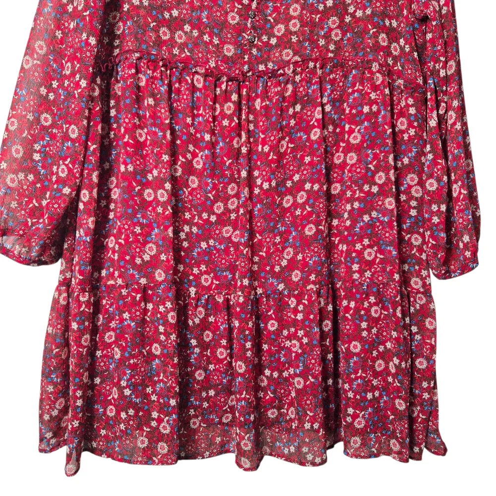 Zara Red Floral V-Neck Long Sleeve Semi Sheer Tiered Mini Babydoll Dress XL - Picture 9 of 16